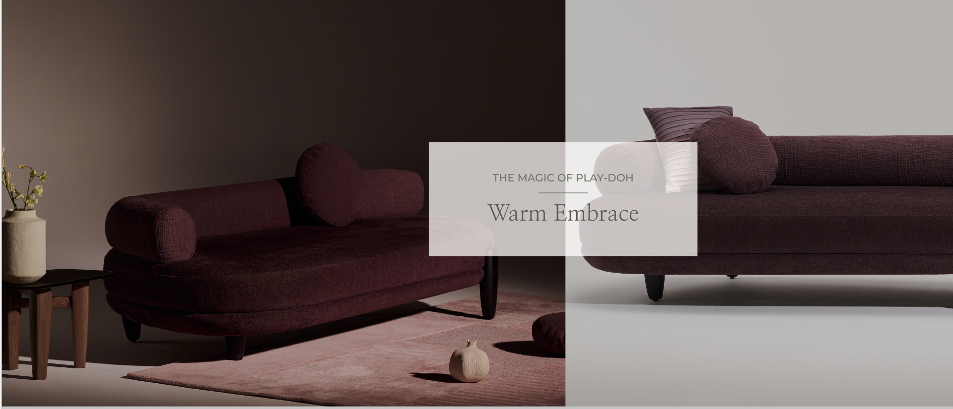 D’designer's Filo Daybed in a banner image, featuring plush upholstery, tubular low backrest, contoured wooden legs, complemented by cushions and rugs