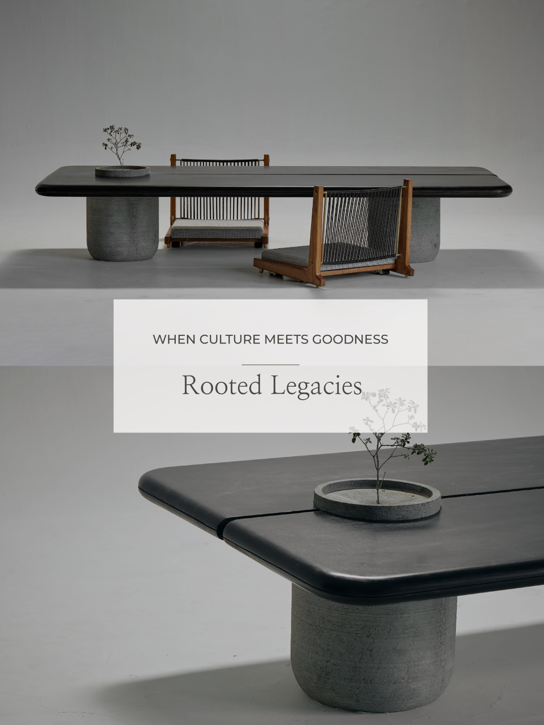 D’designer's Aayutha Low Dining Table and Kelir Low Dining Chair, featuring traditional low seating design with brass detailing and handcrafted elements.