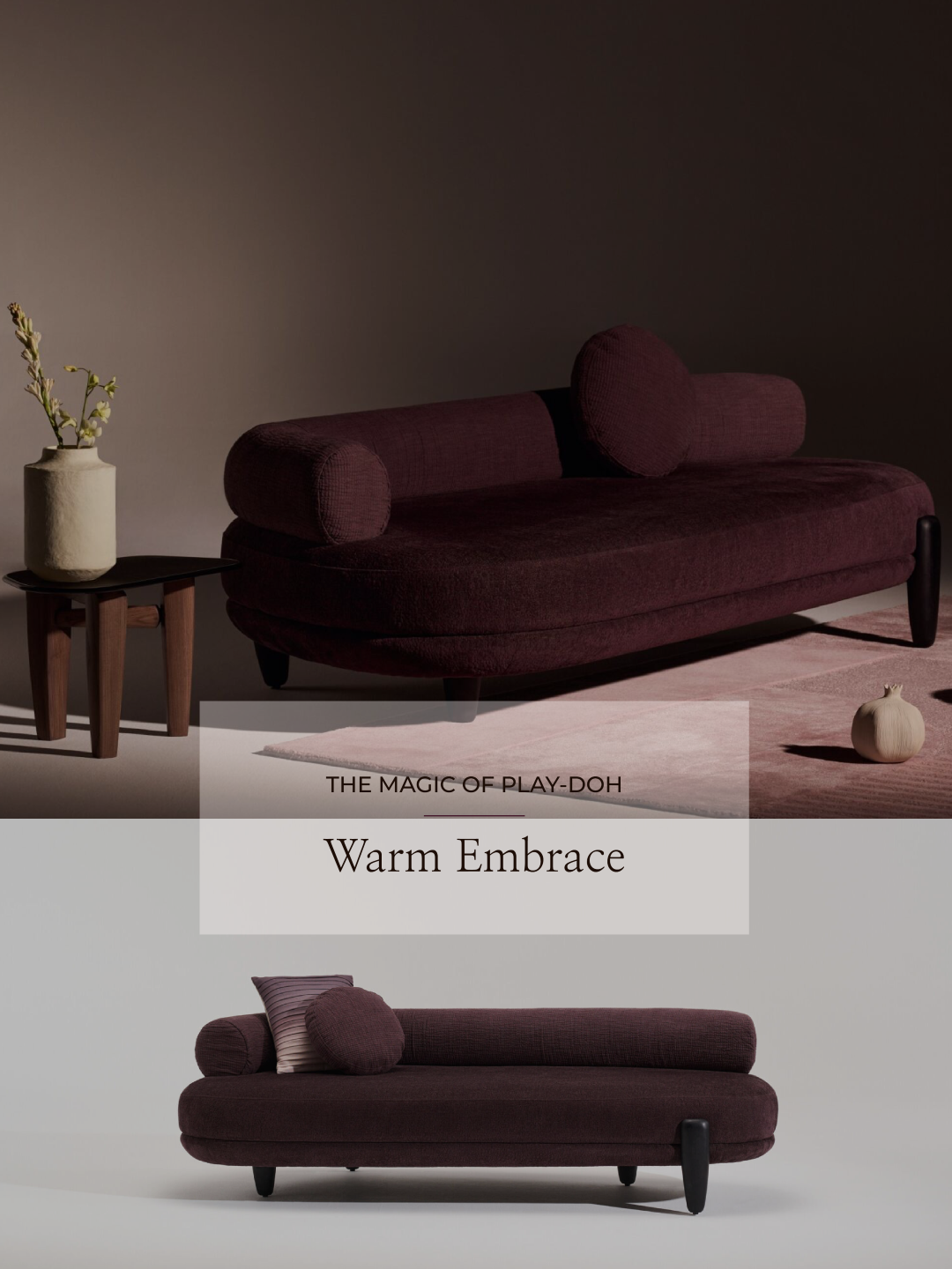 D’designer's Filo Daybed in a banner image, featuring plush upholstery, tubular low backrest, contoured wooden legs, complemented by cushions and rugs